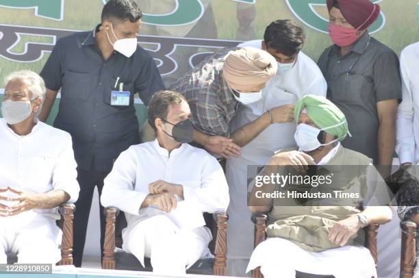 Congress leader Rahul Gandhi, Punjab Chief Minister Capt Amarinder Singh and others during a 'Kheti Bachao Yatra', in protest against the new farm...