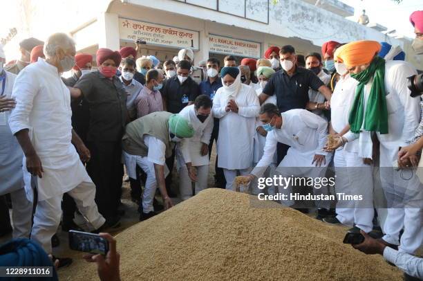 Congress leader Rahul Gandhi, Punjab Chief Minister Capt Amarinder Singh and others insepcting paddy crop during 'Kheti Bachao Yatra', a tractor...