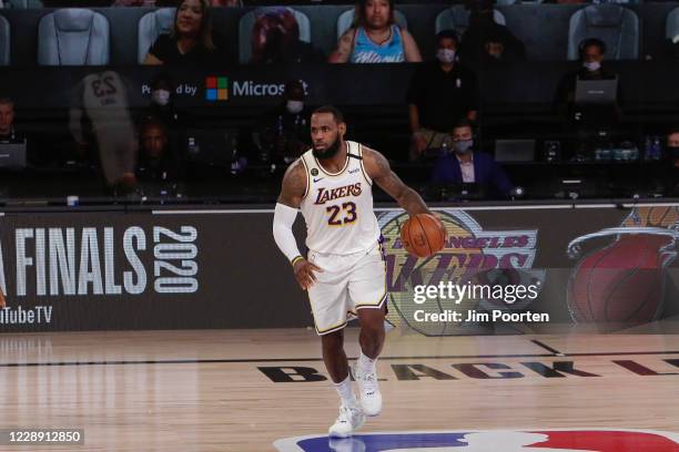 LeBron James of the Los Angeles Lakers drives against the Miami Heat in Game three of the 2020 NBA Finals as part of the NBA Restart 2020 on October...