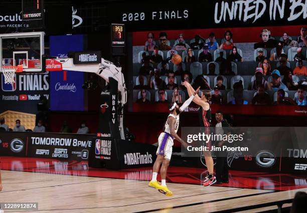 Kelly Olynyk of the Miami Heat shoots a three-pointer against the Los Angeles Lakers in Game three of the 2020 NBA Finals as part of the NBA Restart...