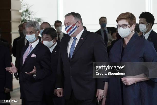 Subrahmanyam Jaishankar, India's foreign minister, left, Toshimitsu Motegi, Japan's foreign minister, Michael Pompeo, U.S. Secretary of State and...