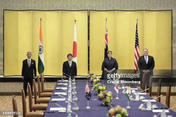 Subrahmanyam Jaishankar, India's foreign minister, from left, Toshimitsu Motegi, Japan's foreign minister, Marise Payne, Australia's foreign...