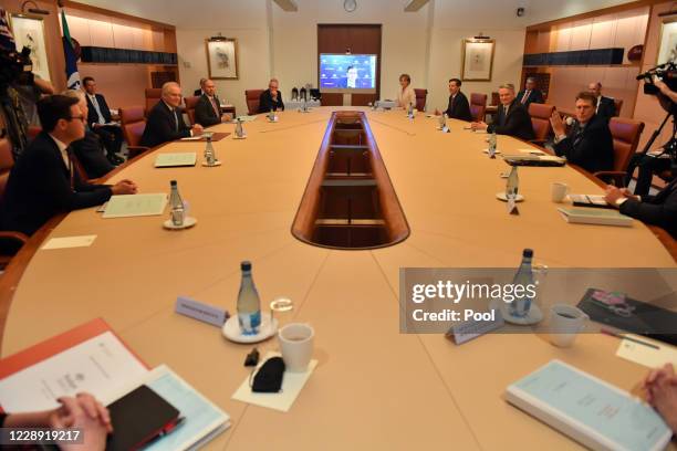 Prime Minister Scott Morrison at the start of a cabinet meeting at Parliament House, on October 6, 2020 in Canberra, Australia. It was the first...