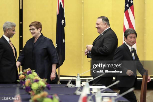 Michael Pompeo, U.S. Secretary of State, second right, Toshimitsu Motegi, Japan's foreign minister, right, Marise Payne, Australia's foreign...