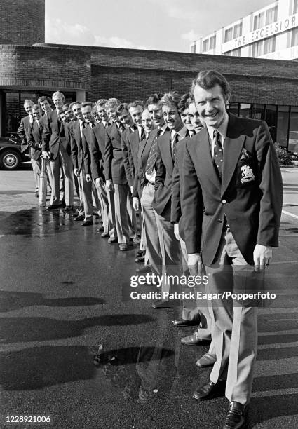 The MCC Touring Party for the 1974-75 tour of Australia line up for photos prior to departure at Heathrow Airport, London, October 1974. Pictured are...