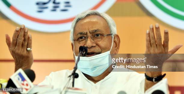 Bihar Chief Minister and JDU leader Nitish Kumar addresses a press conference on seat-sharing arrangements with the NDA for assembly elections, on...