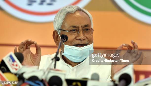 Bihar Chief Minister and JDU leader Nitish Kumar addresses a press conference on seat-sharing arrangement with the NDA for assembly elections, on...