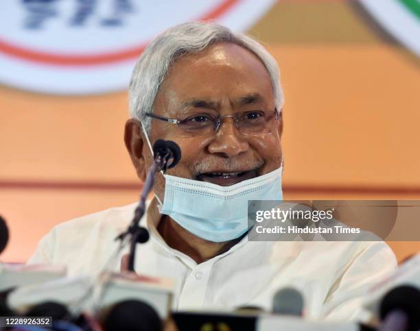 Bihar Chief Minister and JDU leader Nitish Kumar addresses a press conference on seat-sharing arrangement with the NDA for assembly elections, on...