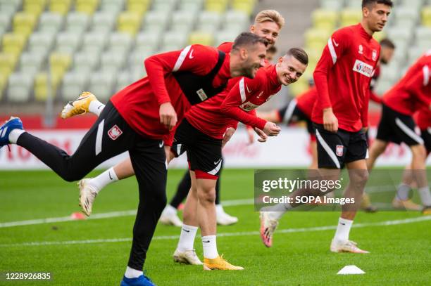 Sebastian Szymanski in action during the official training session one day before the international football friendly match between Poland and...