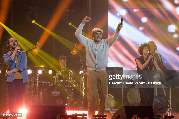 Sylvain Duthu from Boulevard des Airs, Yannick Noah, Barbara Pravi perform during Psychodon Party at l' Olympia on October 6, 2020 in Paris, France.