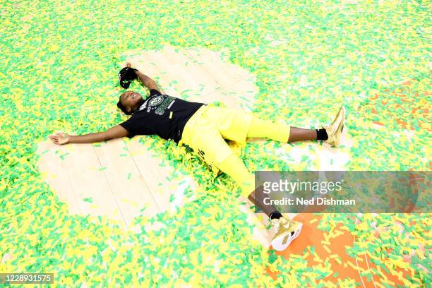 Jewell Loyd of the Seattle Storm celebrates after defeating the Las Vegas Aces and winning the 2020 WNBA Championship in Game Three of the WNBA...