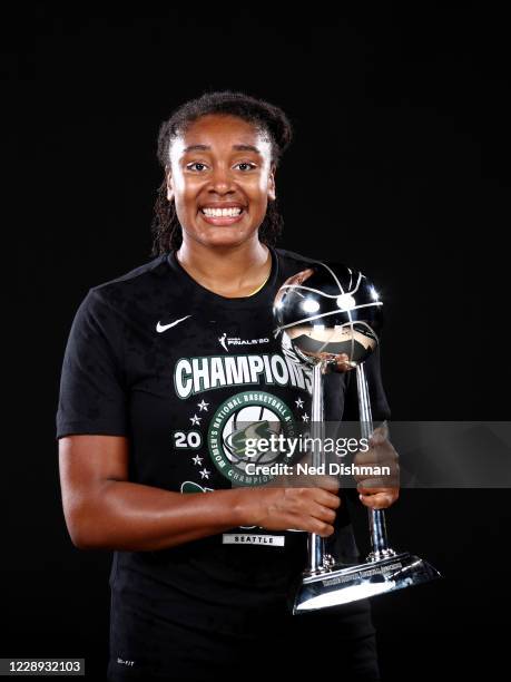 Morgan Tuck of the Seattle Storm poses for a portrait with the WNBA Championship Trophy after winning Game 3 of the 2020 WNBA Finals against the Las...