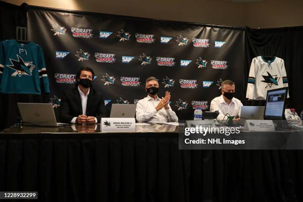 San Jose Sharks Director of Scouting Doug Wilson Jr., General Manager Doug Wilson and Assistant General Manager Joe Will prepare before Round One of...