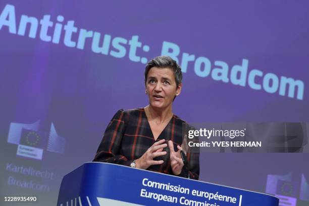 Executive Vice President of the European Commission Margrethe Vestager holds a news conference on Broadcom in Brussels, on October 7, 2020.