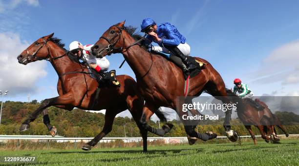 Irish legend ridden by Andrea Atzeni wins The British EBF Oath Maiden Stakes at Nottingham Racecourse on October 7, 2020 in Nottingham, England.