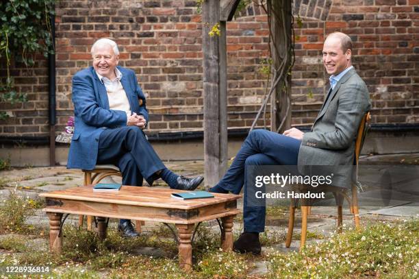 In this undated photo issued by Kensington Palace, Prince William, Duke of Cambridge and Sir David Attenborough discuss The Earthshot Prize at...