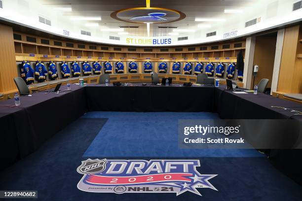 St. Louis Blues draft table during the first round of the 2020 NHL Entry Draft at Enterprise Center on October 06, 2020 in St. Louis, Missouri. The...