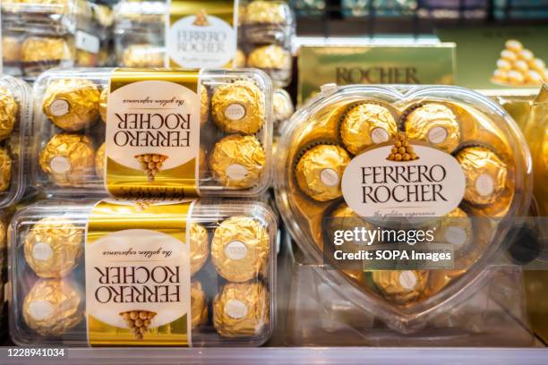 Ferrero Rocher chocolate and hazelnut confectionery seen in a supermarket.