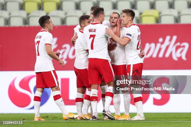 Kamil Grosicki of Poland celebrates scoring a goal with teammates during the international friendly match between Poland and Finland at PGE Arena on...