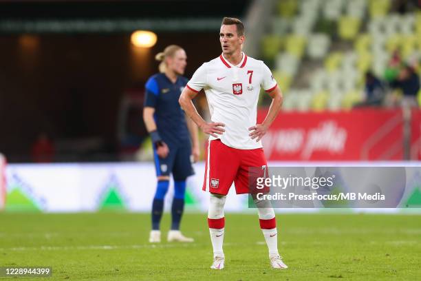 Arkadiusz Milik of Poland reacts during the international friendly match between Poland and Finland at PGE Arena on October 7, 2020 in Gdansk, Poland.