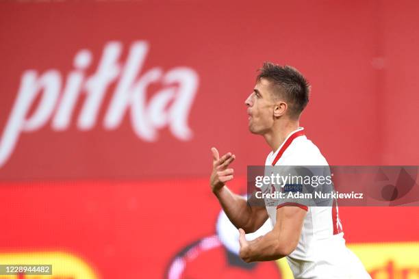 Krzysztof Piatek from Poland celebrates after scoring during the international friendly match between Poland and Finland at Energa Stadium on October...