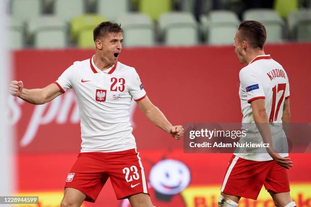 Krzysztof Piatek from Poland celebrates with team mates after scoring during the international friendly match between Poland and Finland at Energa...