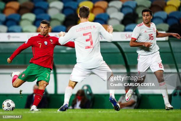 Portugal's forward Cristiano Ronaldo vies with Spain's defender Diego Llorente during the friendly football match between Portugal and Spain at the...