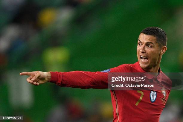 Cristiano Ronaldo of Portugal reacts during the international friendly match between Portugal and Spain at Estadio Jose Alvalade on October 7, 2020...