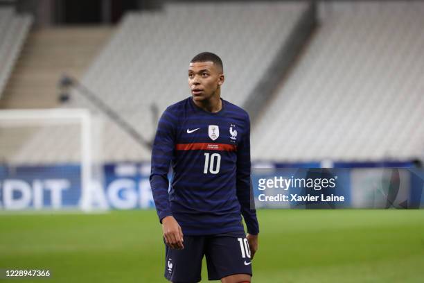Kylian Mbappe of France looks on during the international friendly match between France and Ukraine at Stade de France on October 7, 2020 in Paris,...
