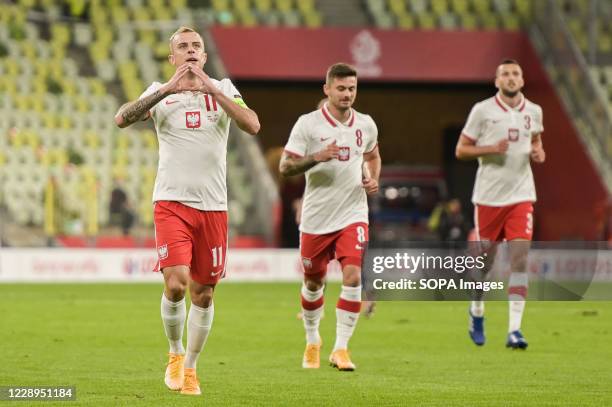 Kamil Grosicki of Poland seen celebrating a goal with his teammates during a football friendly match between Poland and Finland at the Energa Stadium...