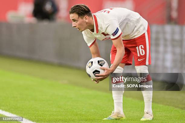 Michal Karbownik of Poland seen in action during a football friendly match between Poland and Finland at the Energa Stadium in Gdansk. .