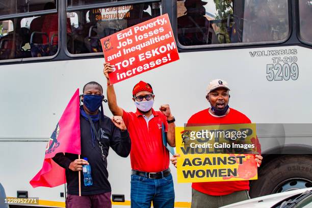 Members of the Congress of South African Trade Unions take part in a mass strike action on October 07, 2020 in Germiston, South Africa. It is...