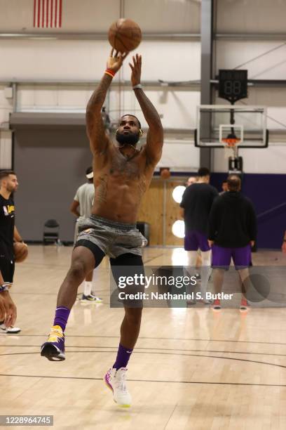 LeBron James of the Los Angeles Lakers shoots during practice and media availability as part of the 2020 NBA Finals on October 8, 2020 at...