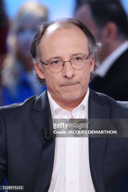 French Yves Thréard, journalist of "Le Figaro" French daily newspaper, participates in the TV broadcast show "Le Grand Journal" on Canal Plus...