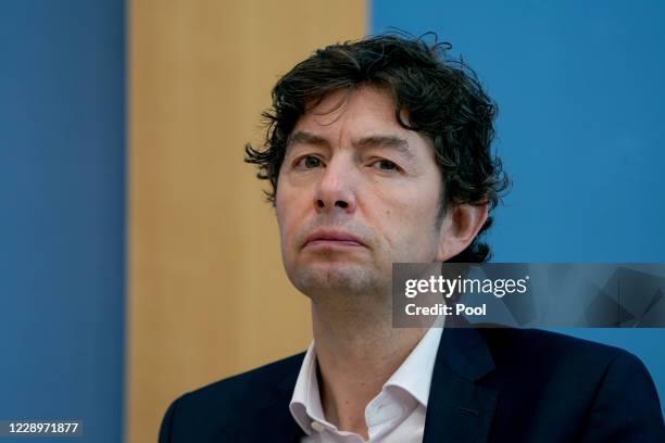 Director Institute for Virology of the Charite Berlin Christian Drosten during a press conference about the rising coronavirus infection rates in...