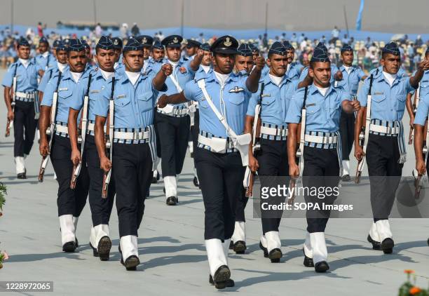 Indian Air Force Contingent March past during the 88th Air Force Day parade at Hindon air base on the outskirts of New Delhi.
