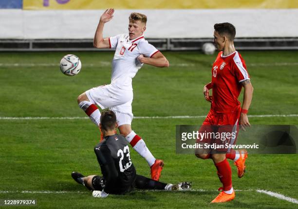 Mateusz Bogusz of Poland in action against goalkeeper Djordje Petrovic and Svetozar Markovic of Serbia during the EURO U21 qualifying match between...