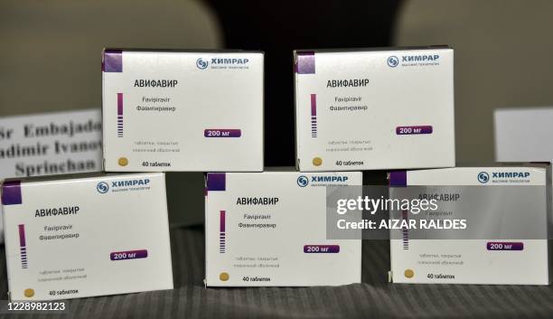 View of boxes of Avifavir, a Russian antiviral used in the treatment of the new coronavirus, during its presentation in La Paz, on October 9, 2020. -...
