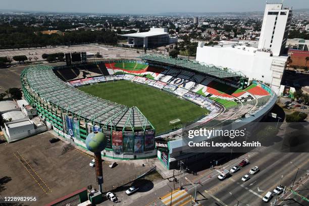 Aerial view at Leon Stadium on October 9, 2020 in Leon, Mexico. Roberto Zermeno, former President of Club Leon and current associate of Club...