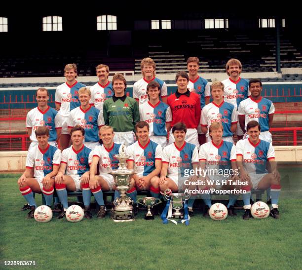 Blackburn Rovers line up for a team photograph at Ewood Park in Blackburn, England, circa August 1987. Back row : Ally Dawson, Ian Miller, Colin...