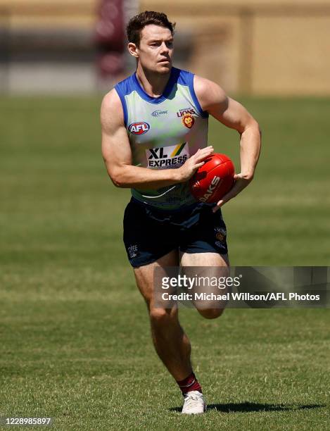 Lachie Neale of the Lions in action during the Brisbane Lions AFL training session at Moreton Bay Central Sports Complex on October 10, 2020 in...