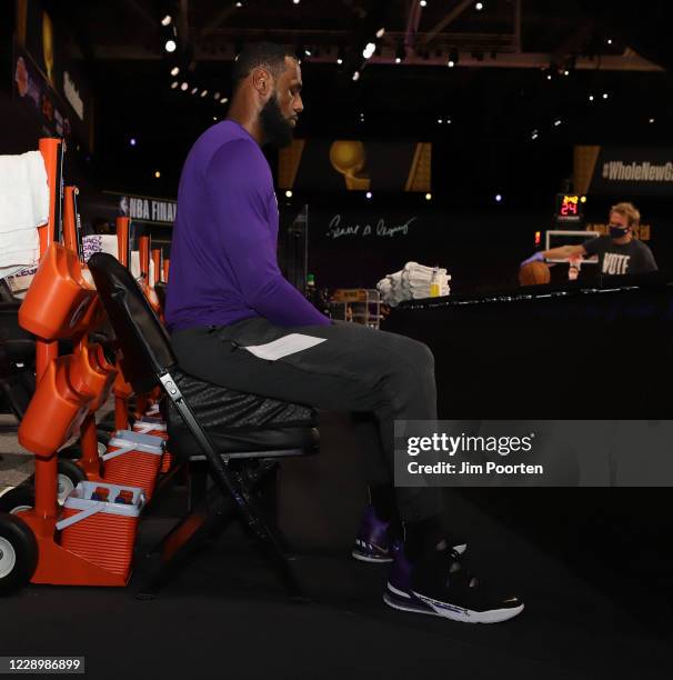 LeBron James of the Los Angeles Lakers focuses against the Miami Heat in Game five of the 2020 NBA Finals as part of the NBA Restart 2020 on October...