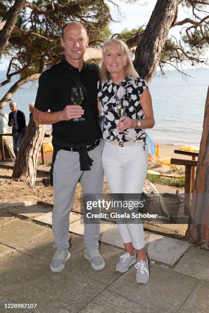 Hans Pfluegler and his wife Petra Pfluegler during the welcome reception prior to the 30th anniversary celebration of the German World Cup win at...