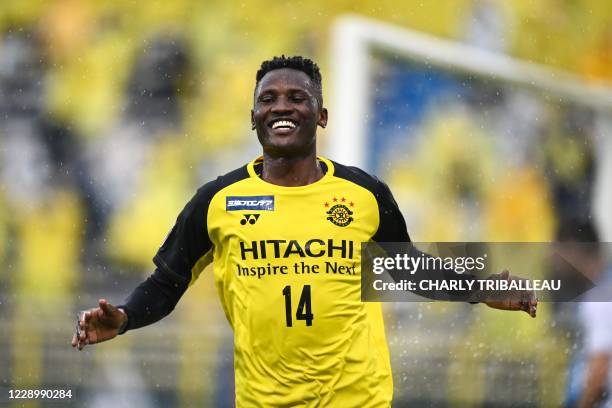 Kashiwa Reysol's Kenyan forward Michael Olunga celebrates after scoring a goal during the J-League football between Kashiwa Reysol and Vissel Kobe at...