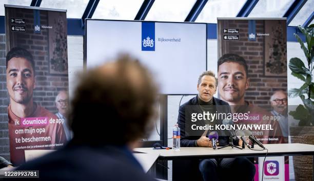 Dutch Minister of Health, Welfare and Sport Hugo de Jonge speaks during the presentation of the app CoronaMelder , implemented to curb the spread of...