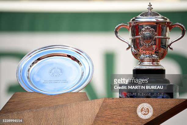 The Suzanne Lenglen trophy is pictured prior to the podium ceremony after Poland's Iga Swiatek won the women's singles final tennis match against...