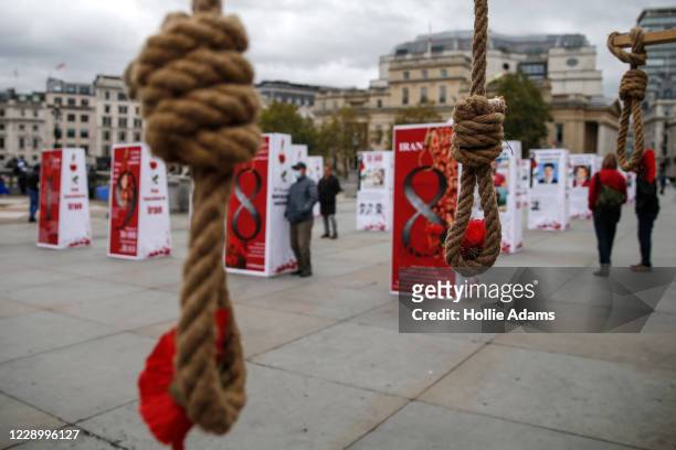 An exhibition calling for an end to executions in Iran on Trafalgar Square on October 10, 2020 in London, England. The exhibition, held by...