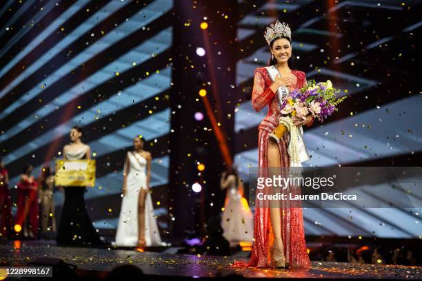 Winner, Amanda Obdam, waves to the crowd after being crowned at the Miss Universe Thailand pageant on October 10, 2020 in Bangkok, Thailand. Amanda...