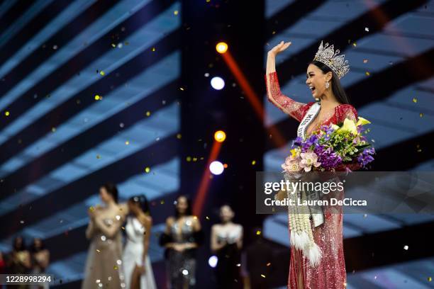 Winner, Amanda Obdam, waves to the crowd after being crowned at the Miss Universe Thailand pageant on October 10, 2020 in Bangkok, Thailand. Amanda...