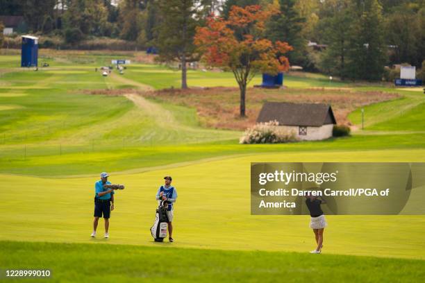 Jennifer Kupcho hits out of the fairway on the 18th hole during the third round of the 2020 KPMG Women's PGA Championship at Aronimink Golf Club on...